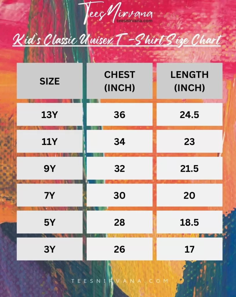 kid's unisex t-shirt size chart