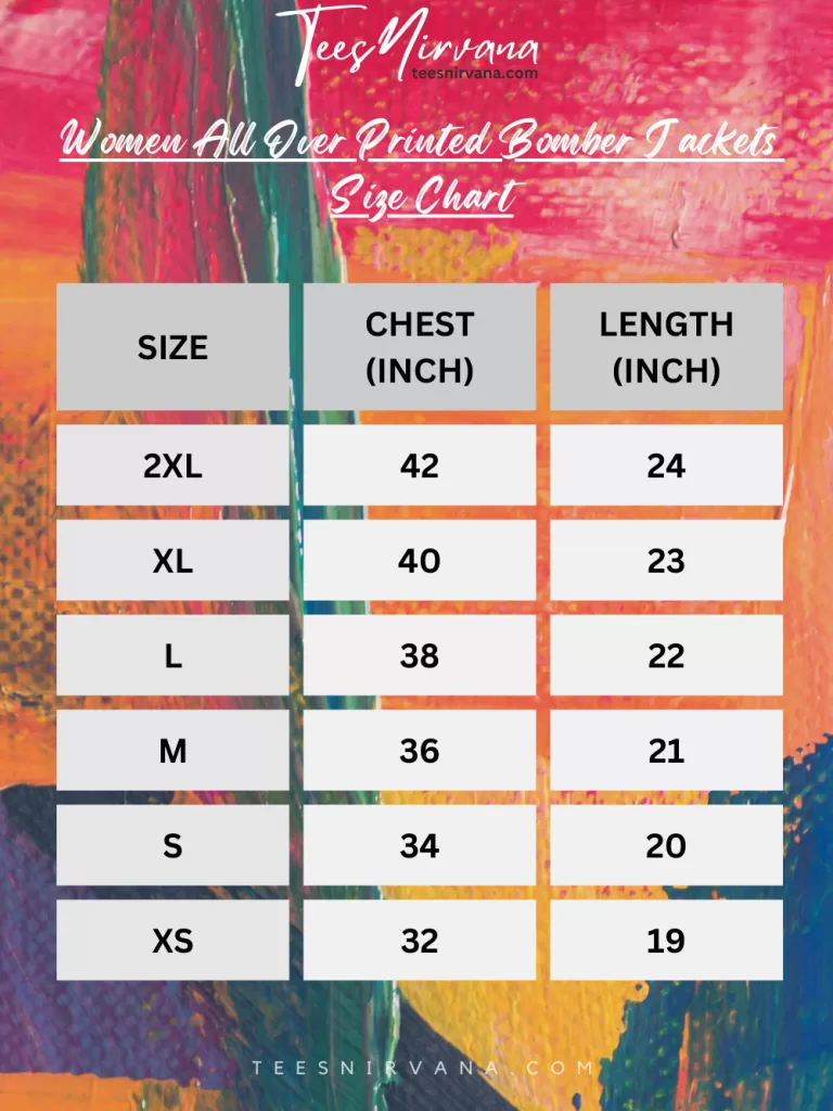 women all over printed bomber jackets size chart