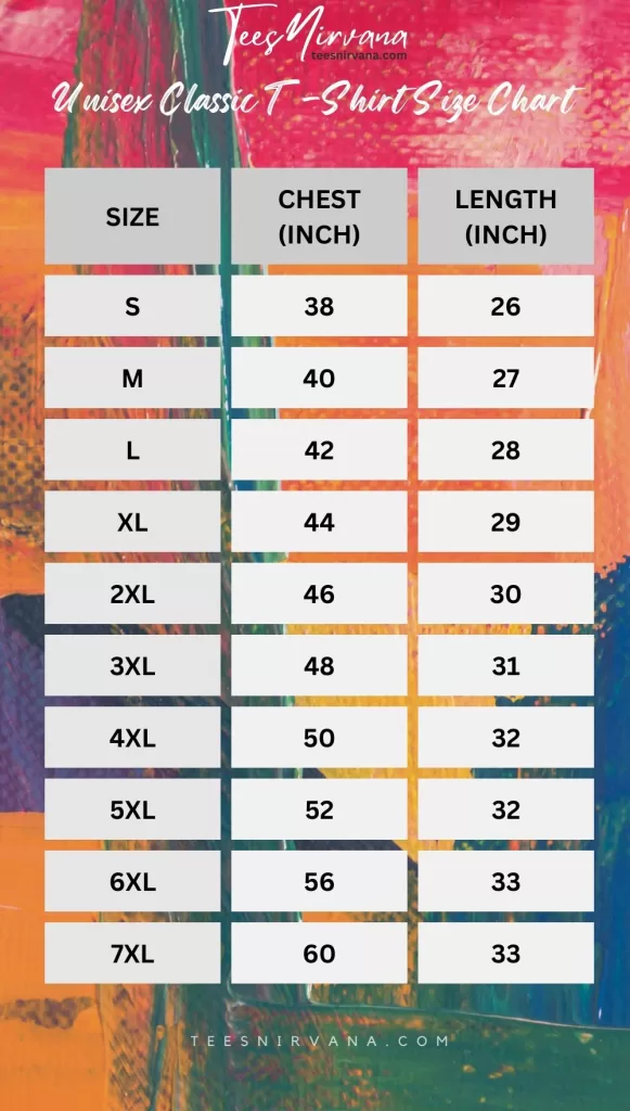 size chart for unisex classic round-neck t-shirts